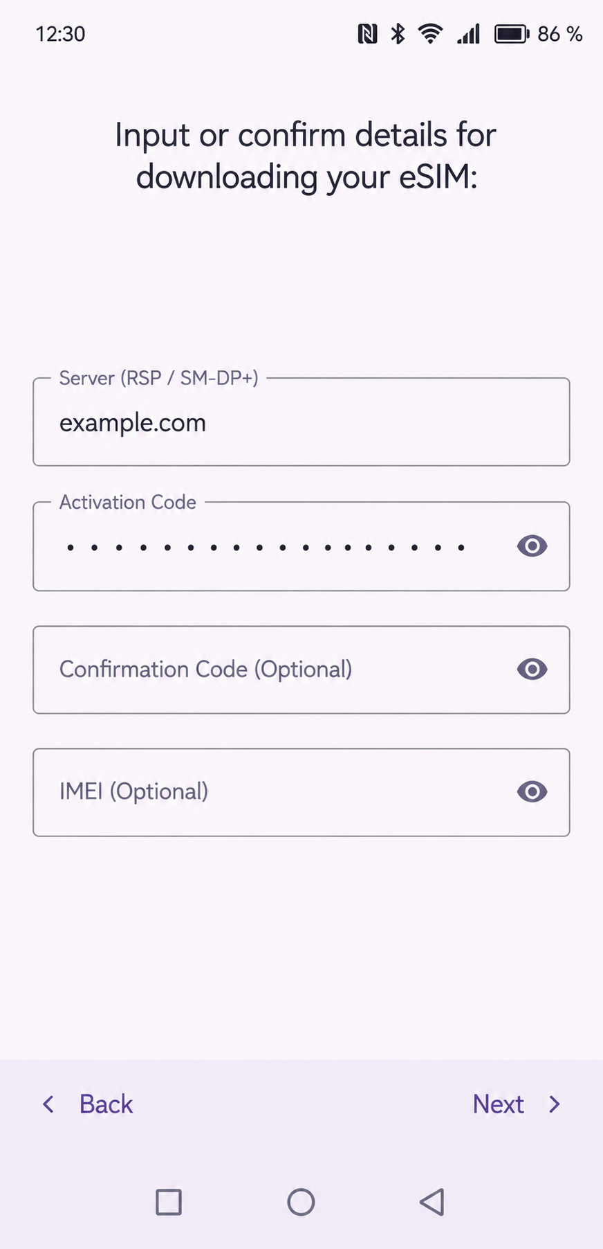 Шаг 4. Поля Server (RSP / SM-DP+) и Activation Code — проверьте их перед нажатием Next.