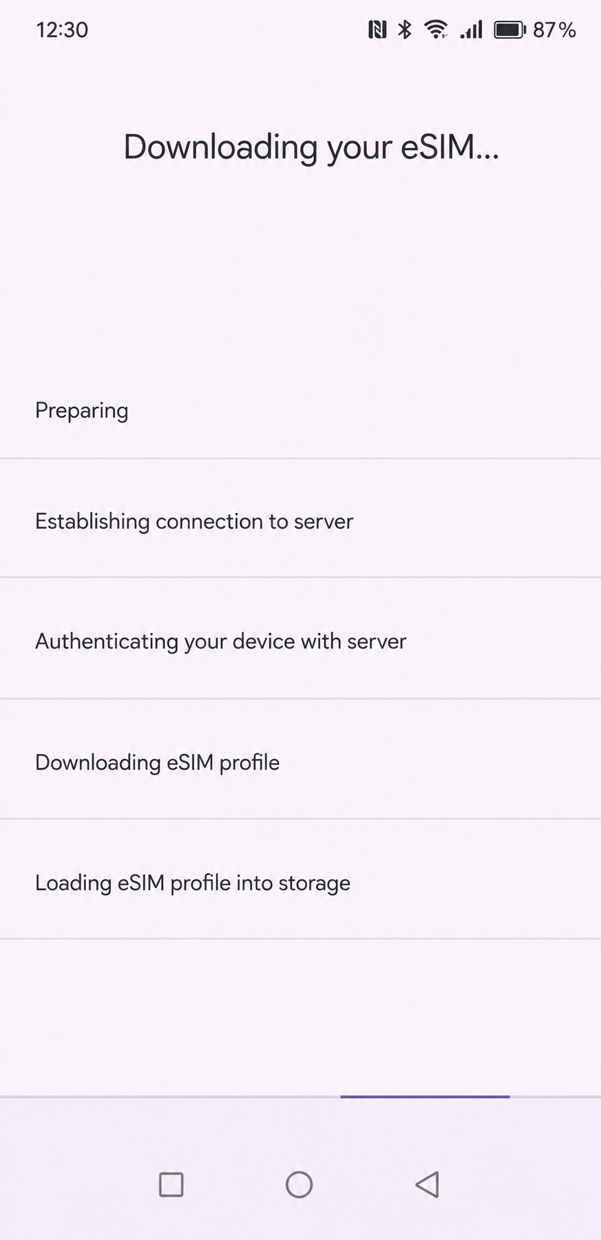 Шаг 5. Экран Downloading your eSIM: этапы загрузки перечислены, галочек ещё нет.